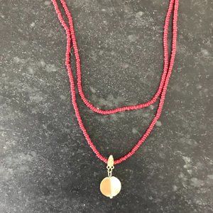Red Bead and Gold Pendant Disc Long Wrap Necklace